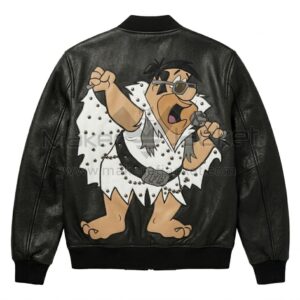 Back view of Fred Flintstone King of Rock Black Leather Bomber Jacket featuring a large graphic of Fred Flintstone dressed as Elvis, holding a microphone and wearing sunglasses.