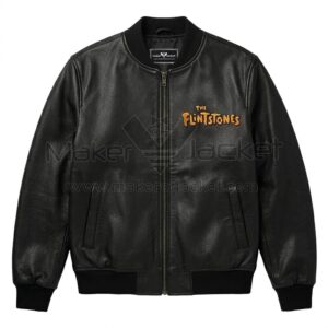 Front view of Fred Flintstone King of Rock Black Leather Bomber Jacket featuring front zipper, ribbed cuffs, and "The Flintstones" logo embroidered on the left chest.