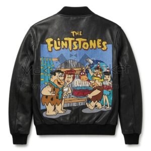 Back view of Fred Flintstones Bedrock Birthday Party Black Leather Jacket features a large patch showing Fred Flintstone's birthday party under "The Flintstones" logo text.