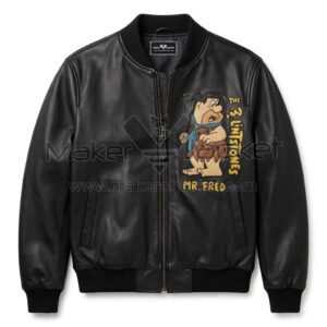 Front view of Fred Flintstones Bedrock Birthday Party Black Leather Jacket featuring Fred Flintstone next to "The Flintstones" text and "MR. FRED" text on the left chest.