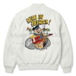 Back view of Fred Flintstones Born In Bedrock White Leather Jacket features a large cartoon artwork of Fred Flintstone playing a guitar under text reading "BORN IN BEDROCK!".
