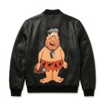 Back view of Fred Flintstone Edgy Edition Black Leather Bomber Jacket featuring a large graphic of Fred Flintstone wearing a key necklace and goggles.