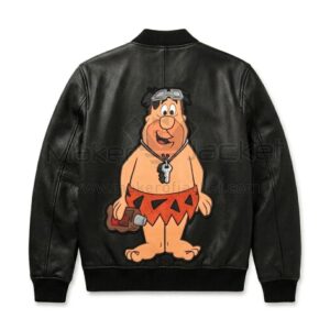 Back view of Fred Flintstone Edgy Edition Black Leather Bomber Jacket featuring a large graphic of Fred Flintstone wearing a key necklace and goggles.