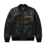Front view of Fred Flintstone Edgy Edition Black Leather Bomber Jacket featuring front zipper, ribbed cuffs, and "The Flintstones" logo embroidered on the left chest.