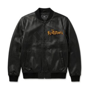 Front view of Fred Flintstone Edgy Edition Black Leather Bomber Jacket featuring front zipper, ribbed cuffs, and "The Flintstones" logo embroidered on the left chest.