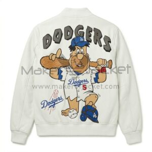 Back view of Fred Flintstones Los Angeles Dodgers White Leather Bomber Jacket featuring Fred Flintstone in a Los Angeles Dodgers baseball uniform holding a wooden club-style bat.