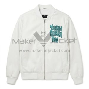Front view of Fred Flintstones Los Angeles Dodgers White Leather Bomber Jacket features front zipper and blue embroidered text reading YABBA DABBA DOO on the left chest.