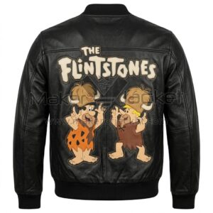 Back view of Fred and Barney Black Leather Bomber Jacket featuring large cartoon of Fred Flintstone and Barney Rubble wearing horned hats below "The Flintstones" logo.