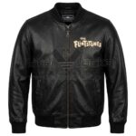 Front view of Fred and Barney Black Leather Bomber Jacket featuring "The Flintstones" logo on the left chest.