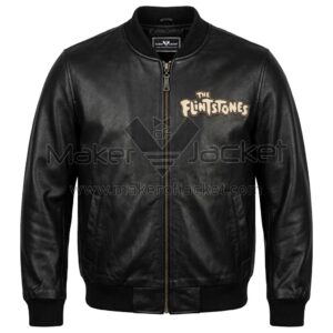 Front view of Fred and Barney Black Leather Bomber Jacket featuring "The Flintstones" logo on the left chest.
