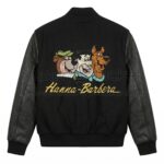 Back view of Hanna Barbera Scooby Yogi Flintstones Black Varsity Jacket featuring embroidered graphics of Yogi Bear, Fred Flintstone, Scooby-Doo, and a gold Hanna-Barbera script logo.