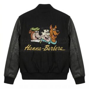 Back view of Hanna Barbera Scooby Yogi Flintstones Black Varsity Jacket featuring embroidered graphics of Yogi Bear, Fred Flintstone, Scooby-Doo, and a gold Hanna-Barbera script logo.