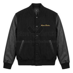 Front view of Hanna Barbera Scooby Yogi Flintstones Black Varsity Jacket featuring a script "Hanna-Barbera" logo embroidered in gold on the left chest.