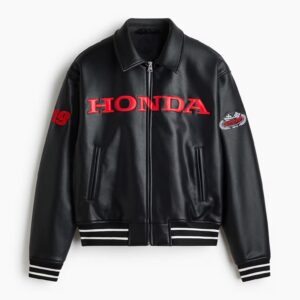 Front View Of Honda Racing Black Bomber Leather Jacket Featuring Honda logo, YKK zipper, rib-knit cuffs and racing patches on chest.