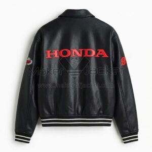 Back View Of Honda Racing Black Bomber Leather Jacket Featuring bold Honda branding and Racing No. 1 design in black leather biker style.