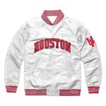 Houston Cougars Script White Satin Jacket front view with HOUSTON lettering, snap button closure, rib-knit collar, cuffs, and waistband.