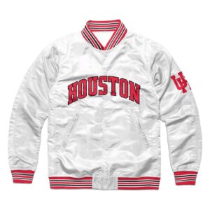 Houston Cougars Script White Satin Jacket front view with HOUSTON lettering, snap button closure, rib-knit collar, cuffs, and waistband.