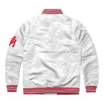 Houston Cougars Script White Satin Jacket back view in white satin with smooth finish and rib-knit hem detailing.