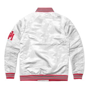Houston Cougars Script White Satin Jacket back view in white satin with smooth finish and rib-knit hem detailing.