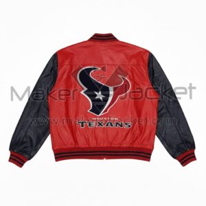 Houston Texans leather bomber jacket back view featuring large team logo and TEXANS lettering