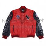 Houston Texans red and navy leather bomber jacket front view with team logos, ribbed collar, and zipper closure