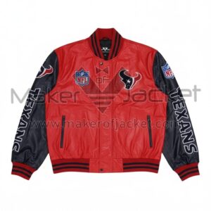 Houston Texans red and navy leather bomber jacket front view with team logos, ribbed collar, and zipper closure