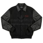 Front View Of Jim Henson Sesame Street Jacket Featuring Garlota embroidery on left chest and leather sleeves.