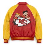 Back view of Kansas City Chiefs Flintstones Leather Bomber Jacket featuring Kansas City Chiefs logo featuring Fred Flintstone and Barney Rubble.