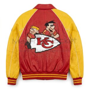 Back view of Kansas City Chiefs Flintstones Leather Bomber Jacket featuring Kansas City Chiefs logo featuring Fred Flintstone and Barney Rubble.