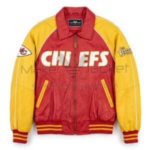 Front view of Kansas City Chiefs Flintstones Leather Bomber Jacket featuring a Kansas City Chiefs logo on the right sleeve and a Flintstones logo on the left.