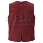 Back view of Maroon Western Fringe Suede Leather Vest featuring a pointed yoke, vertical seams, a small center vent, and whipstitch trim along the edges.