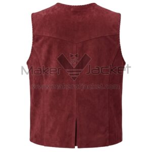 Back view of Maroon Western Fringe Suede Leather Vest featuring a pointed yoke, vertical seams, a small center vent, and whipstitch trim along the edges.