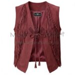 Front view of Maroon Western Fringe Suede Leather Vest featuring long fringe along the front and sides, featuring a simple tie closure and whipstitch detailing on the edges.