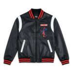 Spider Man Sense black and white leather varsity jacket front view with Spider Sense chest patch, rib knitted collar, cuffs, and YKK zipper closure