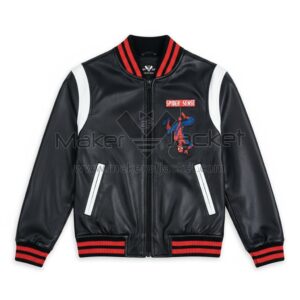 Spider Man Sense black and white leather varsity jacket front view with Spider Sense chest patch, rib knitted collar, cuffs, and YKK zipper closure
