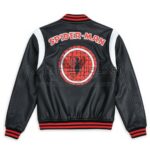 Spider Man Sense black and white leather varsity jacket back view with large Spider-Man circle logo patch and varsity style design details