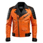 Front View Of Men Orange Black Biker Jacket Featuring notch lapel collar, YKK zipper, and zip pockets.