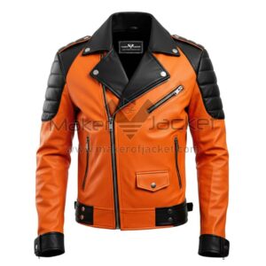 Front View Of Men Orange Black Biker Jacket Featuring notch lapel collar, YKK zipper, and zip pockets.