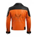 Back View Of Men Orange Black Biker Jacket Featuring fitted design and buckle strap details.