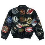 Back view of NHL Premier Edition Multi Patch Black Leather Jacket featuring a vibrant collage of vintage hockey team logo patches across the back.