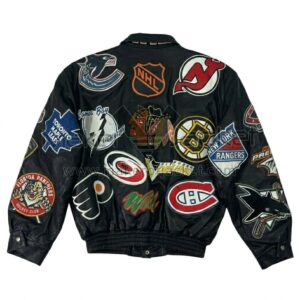 Back view of NHL Premier Edition Multi Patch Black Leather Jacket featuring a vibrant collage of vintage hockey team logo patches across the back.