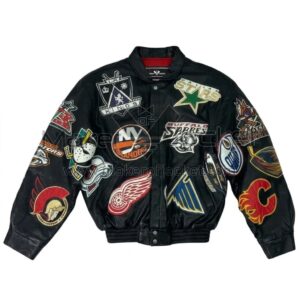 Front view of NHL Premier Edition Multi Patch Black Leather Jacket featuring a vibrant collage of vintage hockey team logo patches across the front and sleeves.