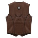 Back view of Native American Brown Beaded Bones Leather Vest featuring black braided edges and a decorative circular beadwork medallion centered between the shoulder blades.
