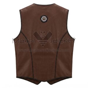 Back view of Native American Brown Beaded Bones Leather Vest featuring black braided edges and a decorative circular beadwork medallion centered between the shoulder blades.