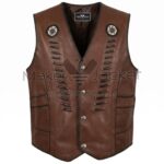 Front view of Native American Brown Beaded Bones Leather Vest featuring black braided trim, silver buttons, and unique bone-and-bead decorative accents on the front panels.