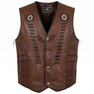Front view of Native American Brown Beaded Bones Leather Vest featuring black braided trim, silver buttons, and unique bone-and-bead decorative accents on the front panels.