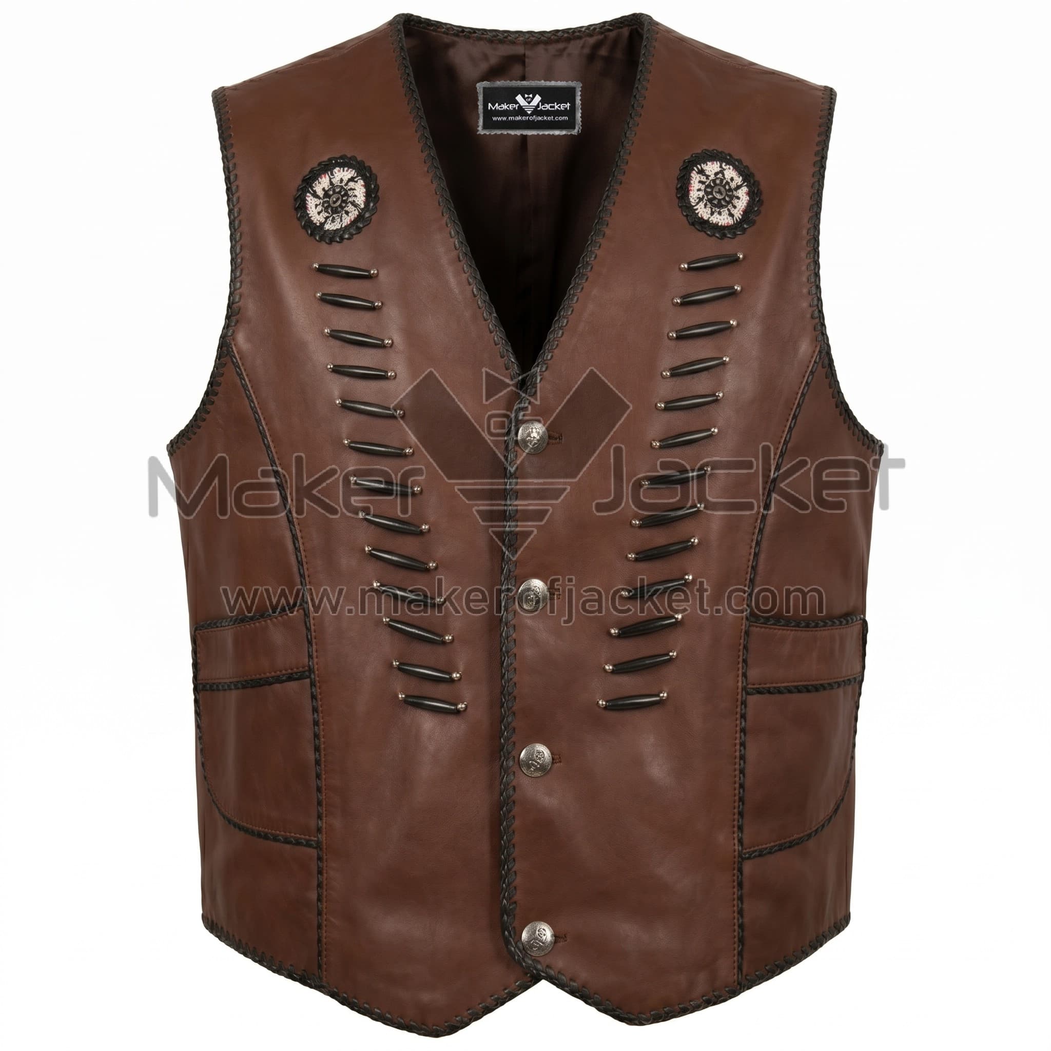 Native American Brown Beaded Bones Leather Vest Front Front view of Native American Brown Beaded Bones Leather Vest featuring black braided trim, silver buttons, and unique bone-and-bead decorative accents on the front panels.