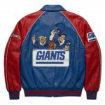 Back view of New York Giants Flintstones Leather Bomber Jacket featuring Fred Flintstone and Barney Rubble above a large New York Giants logo patch.