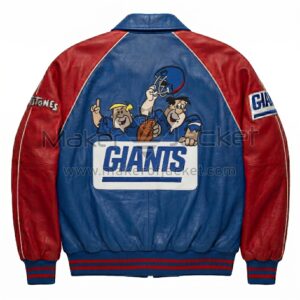 Back view of New York Giants Flintstones Leather Bomber Jacket featuring Fred Flintstone and Barney Rubble above a large New York Giants logo patch.