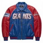 Front view of New York Giants Flintstones Leather Bomber Jacket featuring a large "GIANTS" patch across the chest and a "The Flintstones" logo on the left sleeve.